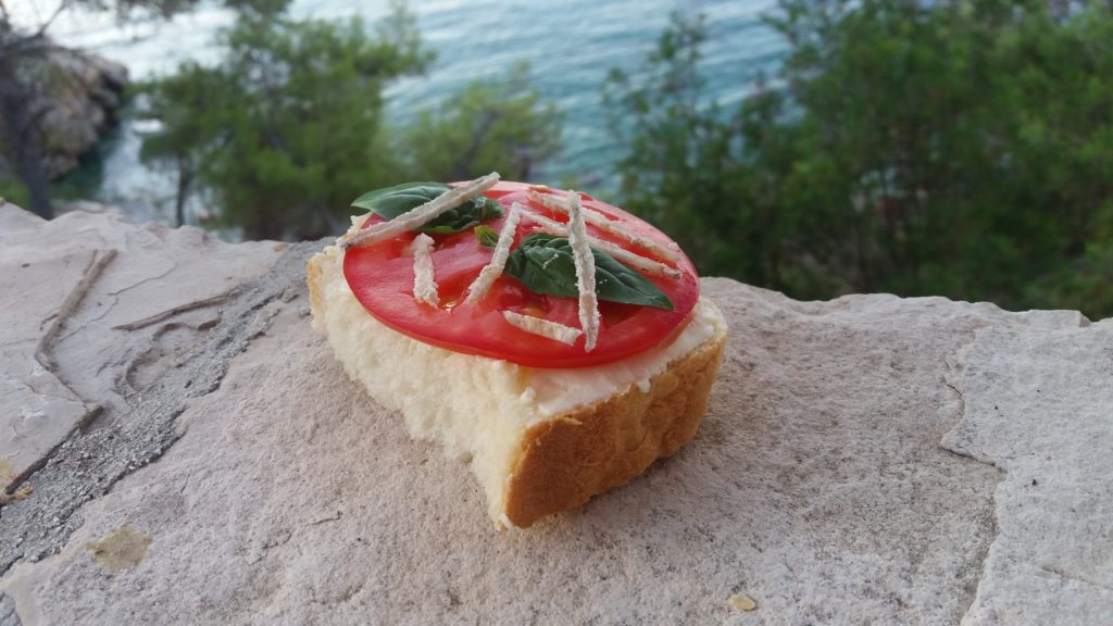 Cream cheese tomato and salted fish sandwich